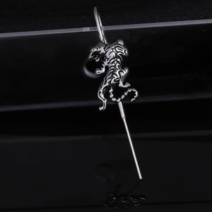 Punk style stainless steel tiger industrial barbell earring with vintage textured finish