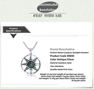 Détails du pendentif boussole en acier inoxydable argent antique avec dimensions précises