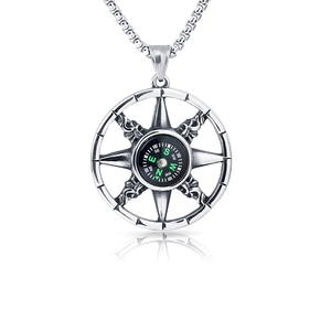Collier hip hop homme en acier titane avec pendentif boussole fonctionnelle et chaîne box