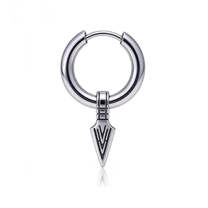Vintage stainless steel hoop earring with engraved spearhead pendant for men and women