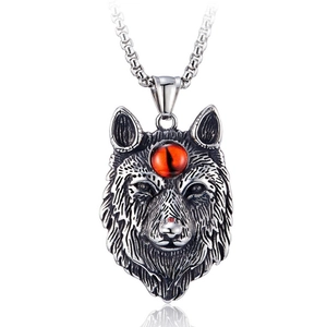 Pendentif tête de loup en acier inoxydable vintage avec pierre orange sur chaîne