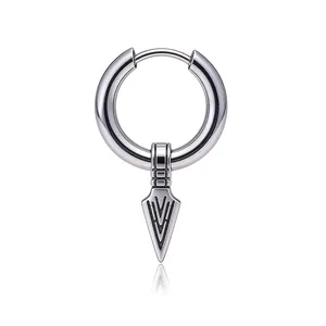 Men Vintage Stainless Steel Arrowhead Pendant Hoop Earring Punk Spearhead Geometric Dangle Single Jewelry Accessory