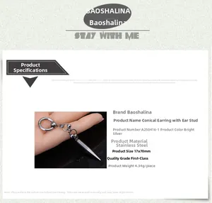 Detailed size parameters of silver stainless steel hoop earrings with long cone pendant