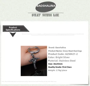 Detailed view of silver cross heart earring with specifications and size measurements