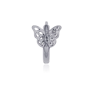 Hip hop vintage silver butterfly stud earring featuring white rhinestones on white background