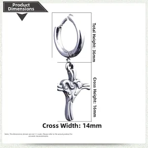 Size chart showing hip-hop heart cross earrings dimensions 36mm height and 14mm width
