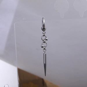 Silver stainless steel punk earring featuring a long cone pendant and chain detail