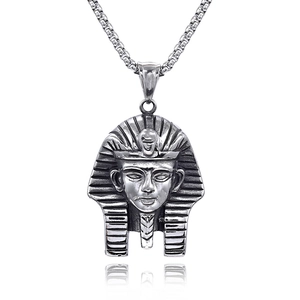 Gold Pharaoh head pendant necklace with ancient Egyptian sphinx style and square link chain
