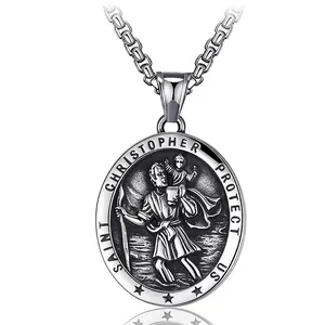 Collier Pendentif Saint Christophe en Acier Inoxydable Vintage pour Hommes Femmes Argent Antique Médallion Amulette Religieuse en Relief Bijoux