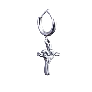 Gothic cross heart hoop earring in silver metal with vintage floral relief patterns