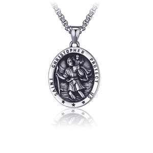 Collier pendentif Saint Christophe en acier inoxydable vintage avec relief religieux ovale