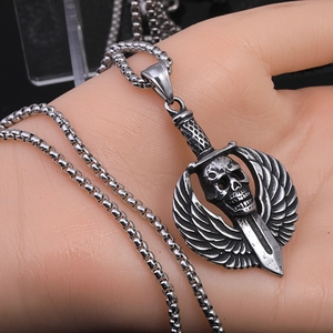 Vintage Punk Skull Sword Wing Pendant Necklace Stainless Steel Gothic Polished Hip Hop Long Sweater Chain Jewelry For Men