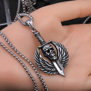 Silver gothic punk cross necklace with skull sword and wings pendant on thick steel chain
