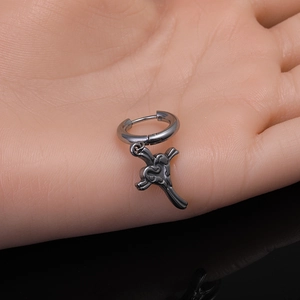 Gothic cross hoop earring in gunmetal finish for men, trendy hip hop fashion style