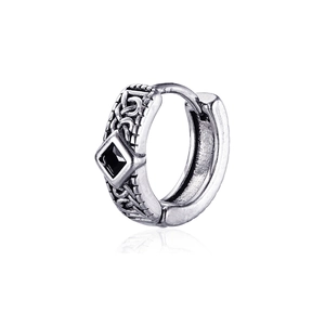 Vintage stainless steel huggie hoop earrings with black stone and Celtic knot patterns