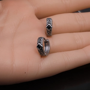 Vintage Celtic style stainless steel hoop earrings with square black cubic zirconia