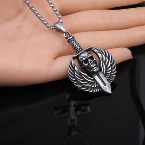 Gothic punk stainless steel skull necklace with wings and sword pendant for men
