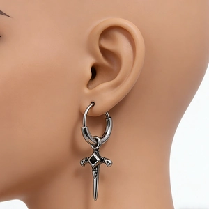 Gothic stainless steel hoop earring with a vintage dagger pendant and black onyx inlay