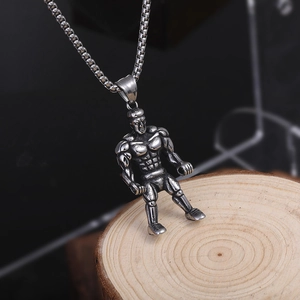 Collier Pendentif Homme Musclé Musculation en Acier Inoxydable Argent Antique Bijoux Sportifs pour Hommes