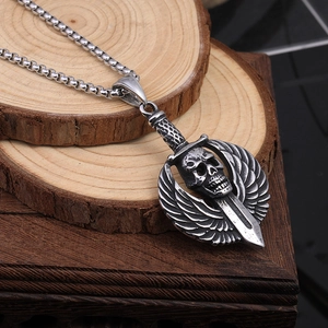 Gothic punk skull and sword wing pendant necklace in retro silver stainless steel finish