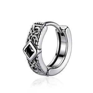 Stainless Steel Celtic Knot Hoop Earrings Vintage Antique Silver Square Black Rhinestone Huggie Stud Unisex Punk Jewelry
