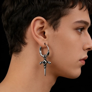 Mens stainless steel hoop earrings with dagger cross pendant and black onyx inlay