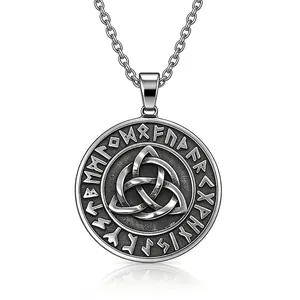 Collier Pendentif Rune Viking en Acier Inoxydable Vintage Nœud Celtique Nordique Triquetra Médaillon Chaîne pour Hommes Bijoux