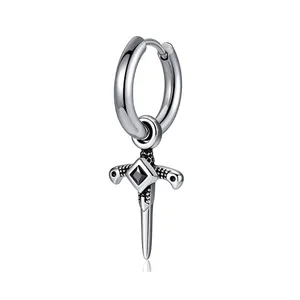 Vintage Men's Stainless Steel Dagger Sword Hoop Earrings Gothic Punk Black Agate Stone Cross Drop Earrings For Men Jewelry