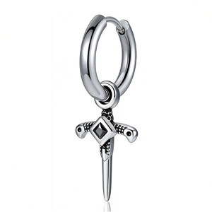 Gothic silver hoop earrings with dagger pendant and black zircon stone inlay for men
