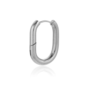 Close-up of polished stainless steel Mobius twist hoop earring with U-shaped design