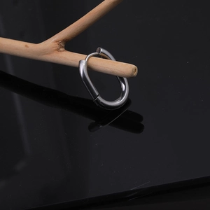 Macro shot of polished oval stainless steel earring hanging on a wooden branch