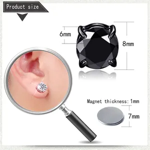 Boucles d'oreilles magnétiques en cristal noir sans perçage avec dimensions et gros plan