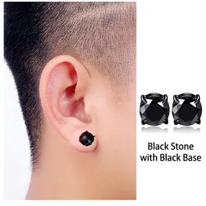 Boucles d'oreilles clous en zircon noir pour hommes avec base en acier poli et serti 4 griffes