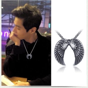 Men's punk angel wings pendant necklace in vintage silver steel with long round link chain