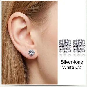 Boucles d'oreilles classiques en acier inoxydable argenté avec oxydes de zirconium ronds