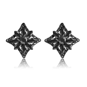 Vintage Black Alloy Rhinestone Flower Stud Earrings Exaggerated Geometric Rhombus Hollow Earrings For Women Nightclub Party Jewelry