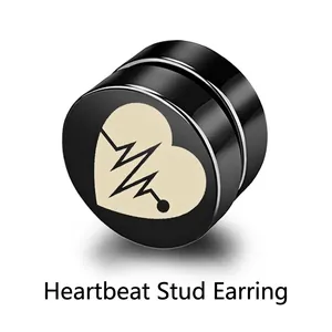 Boucles d'Oreilles Magnétiques en Acier Titane Noir pour Hommes Femmes Sans Perçage Motif ECG Battement de Cœur Punk Rock