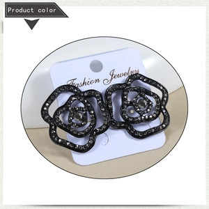 Detail of black rose earrings with dark rhinestones on a Fashion Jewelry card