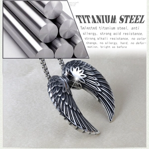 Detail of angel wing pendant in titanium steel with intricate vintage feather textures