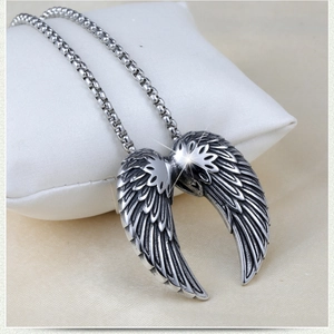 Gothic punk angel wing pendant necklace in vintage steel with a classic box chain