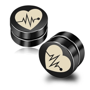 Boucles d'oreilles magnétiques noires en acier titane avec motif électrocardiogramme épuré