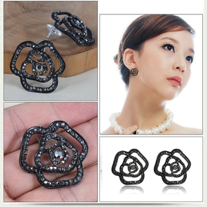 Sparkling black rose hollow earrings with grey rhinestones for women, shown in multiple views
