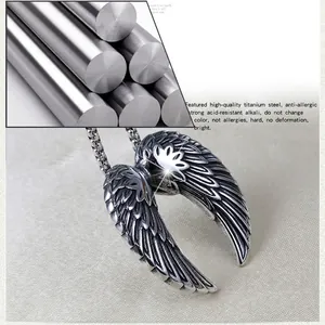 Titanium steel angel wing pendant necklace with vintage silver feather textures