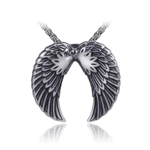 Gothic punk angel wing pendant necklace in vintage silver finish stainless steel