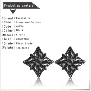 Exaggerated black rhinestone flower earrings in a rhombus shape with polished zinc alloy finish