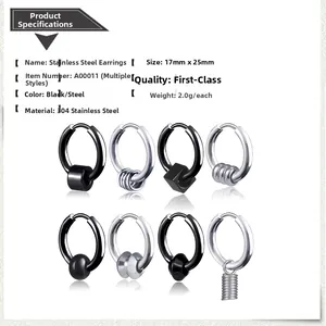 Detail of 304 stainless steel hoop earrings with geometric pendants in black and silver