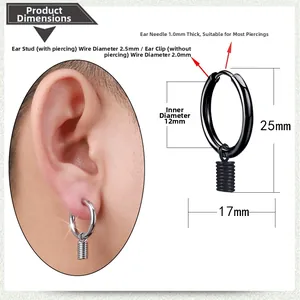 Detail view of hip hop hoop earrings with dimensions and ear clip and stud specifications