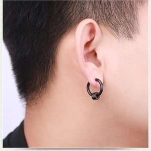 Minimalist black hoop earring with a small cylindrical drop pendant for men and women