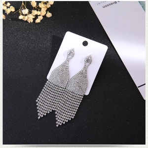 Macro shot of silver long fringe tassel earrings with rhinestones on display card