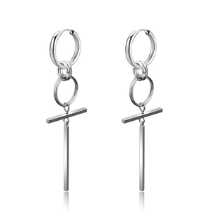 Silver long tassel chain earrings with multi-ring T-bar drop in minimalist style